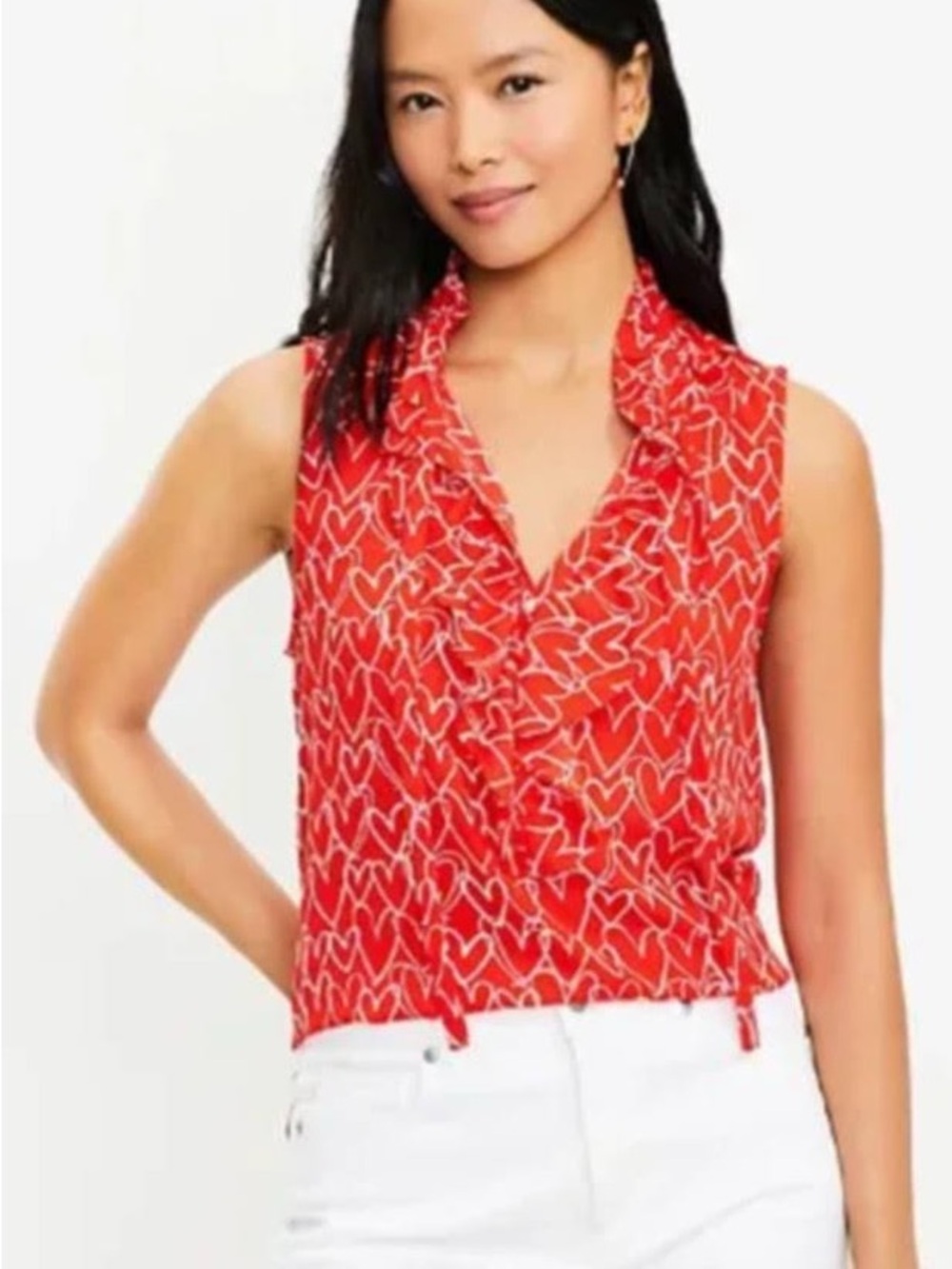 LOFT Red Sleeveless Ruffle V-Neck Heart-Print Top